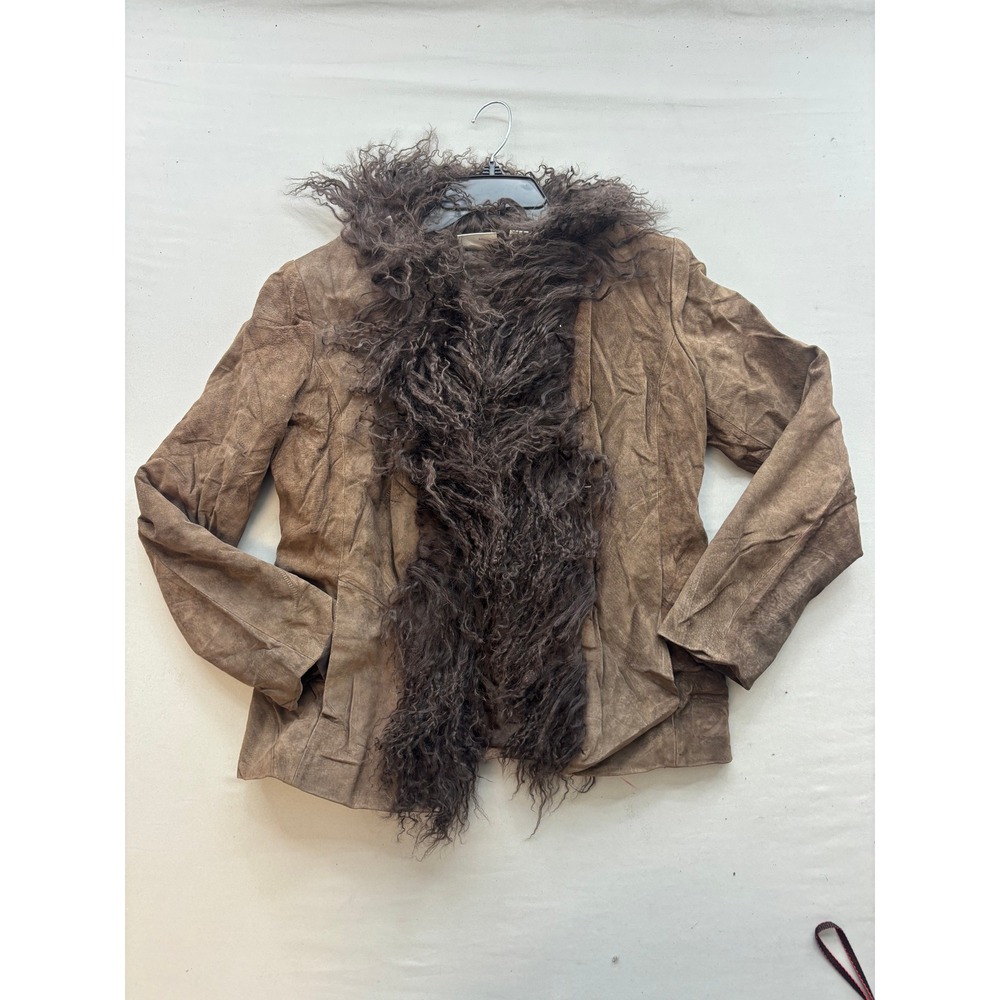 Chicos Design Brown Suede Leather Jacket Mongolian Fur Trim Vintage Size 0